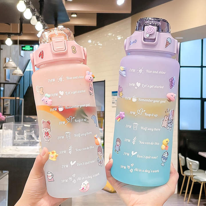 2 Liters Color Changing Water Bottle Gym Clear Waterbottle Drinkware Plastic with Stickers 2000ml Sport for Kids Camping Adults