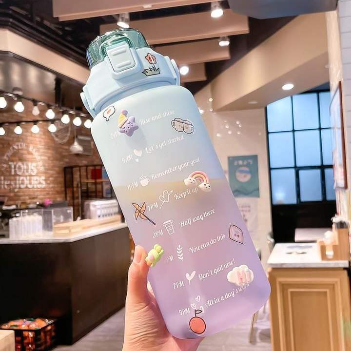 2 Liters Color Changing Water Bottle Gym Clear Waterbottle Drinkware Plastic with Stickers 2000ml Sport for Kids Camping Adults