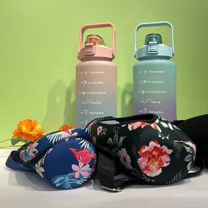 2L Large Unisex Gym Water Bottle Bpa Free Eco-Friendly  Camping Fitness Sport Motivational Glass Bottle with lid ans straw Contract Manufacturing