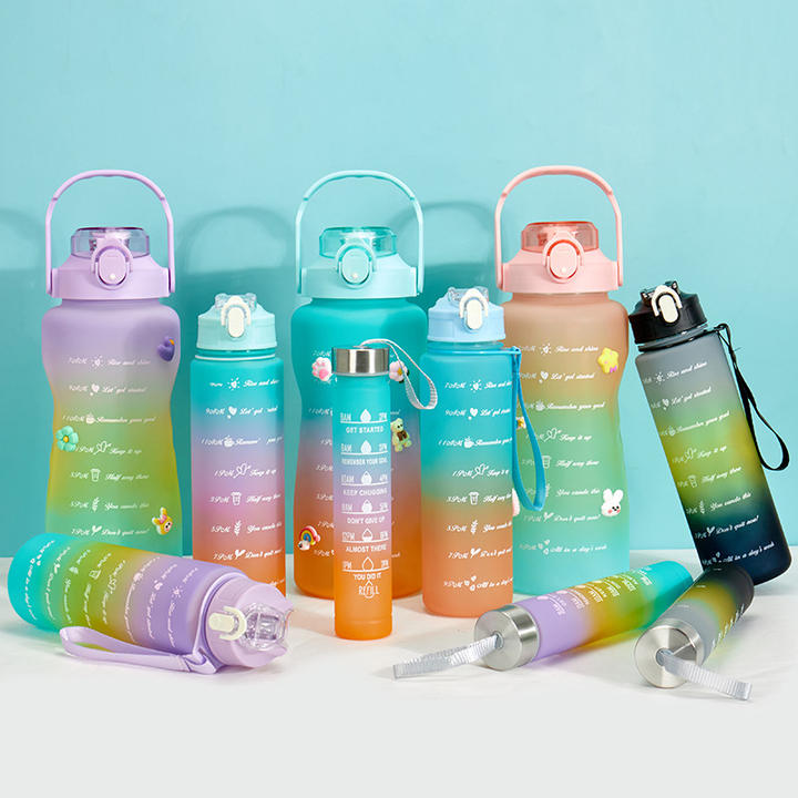 300ml BPA-Free Gradient Silicone Sports Water Bottle 3-in-1 Plastic Lid Motivational Fitness 3in1 OEM/ODM Set Travel Camping China Wholesale Factory Outlet