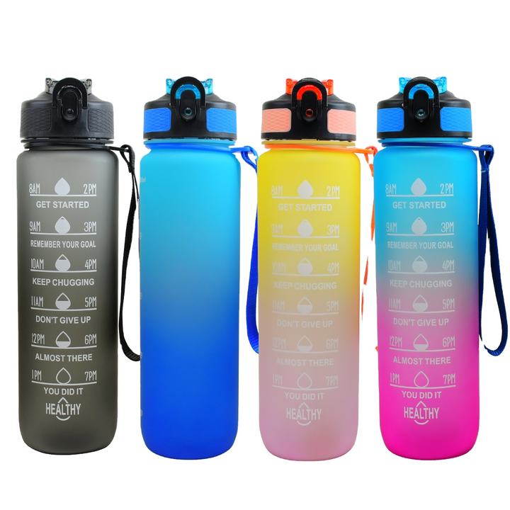 32oz Eco Friendly plastic Custom LOGO BPAFree Factory Gym Fitness sports 1L Motivational Water Bottle With Time Marker and rope