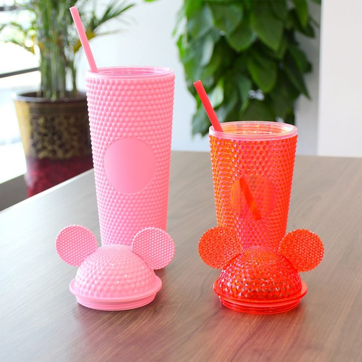480ml/16oz custom multicolor children cartoon Plastic drinking Double Walled cute Mouse ears kids cup with straw B2B Factory Pricing