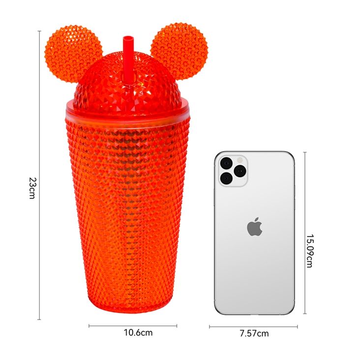 480ml/16oz custom multicolor children cartoon Plastic drinking Double Walled cute Mouse ears kids cup with straw B2B Factory Pricing