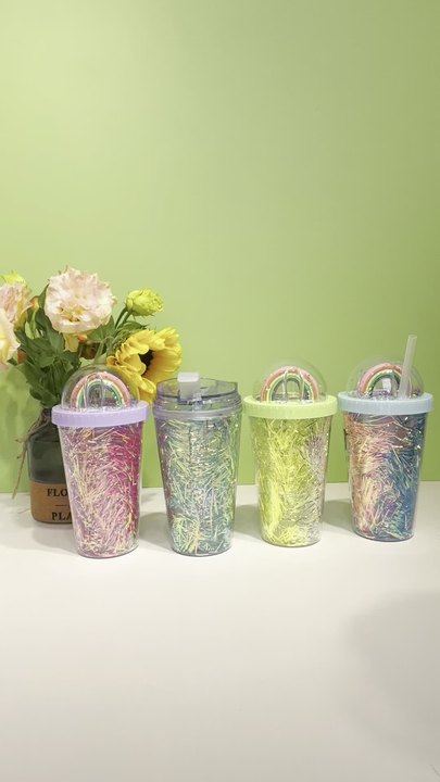480ml/16oz customizable bpa free Multi-Colors Sparkling Handgrip Coffee Ribbon Cup with straw and clear Dome lid Private Label Manufacturing Innovation