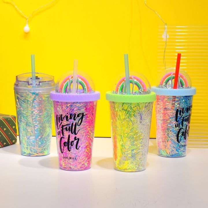 480ml/16oz customizable bpa free Multi-Colors Sparkling Handgrip Coffee Ribbon Cup with straw and clear Dome lid Private Label Manufacturing Innovation