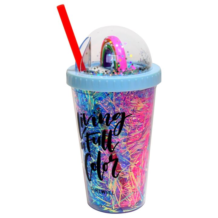 480ml/16oz customizable bpa free Multi-Colors Sparkling Handgrip Coffee Ribbon Cup with straw and clear Dome lid Private Label Manufacturing Innovation