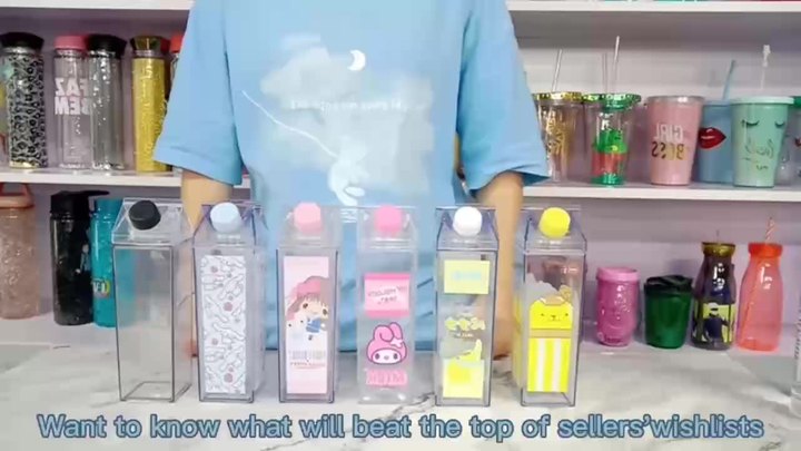 500ml Clear Milk Reusable Plastic Tumbler Cartoon Acrylic Milk Square Shaped Water Bottle Factory Wholesale Export
