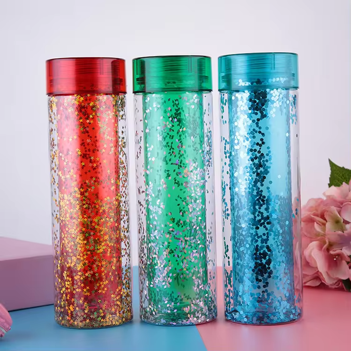 550ml Hot-selling BPA free bts bottle direct drinking double wall sport plastic bottle with shinning chips Factory Authorized Wholesale Export