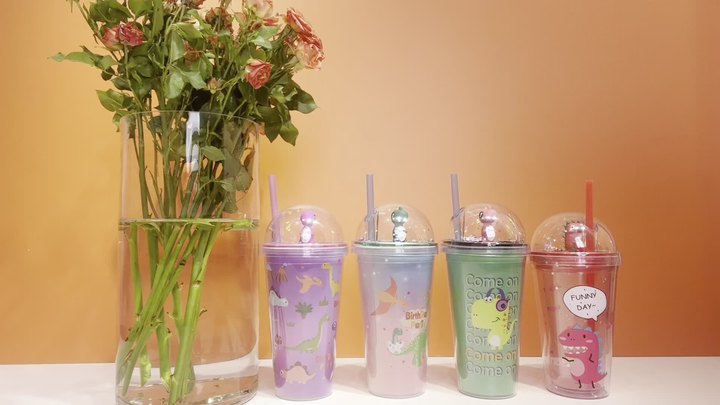 Acrylic Dinosaur Drinking Water Cup with Straw Double Wall Plastic Bpa Free Leakproof Domed Lid Kids Multi Color Cartoon Unisex Export-Oriented Factory Wholesale