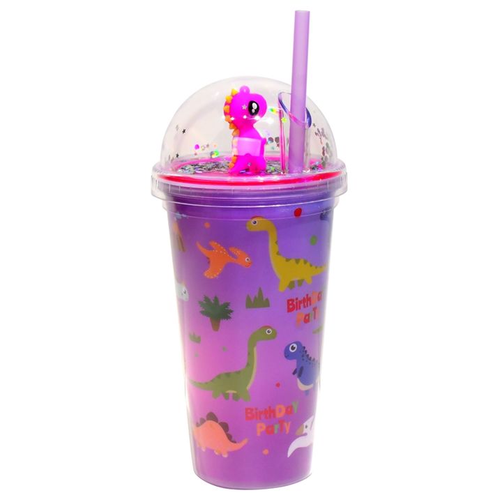 Acrylic Dinosaur Drinking Water Cup with Straw Double Wall Plastic Bpa Free Leakproof Domed Lid Kids Multi Color Cartoon Unisex Export-Oriented Factory Wholesale
