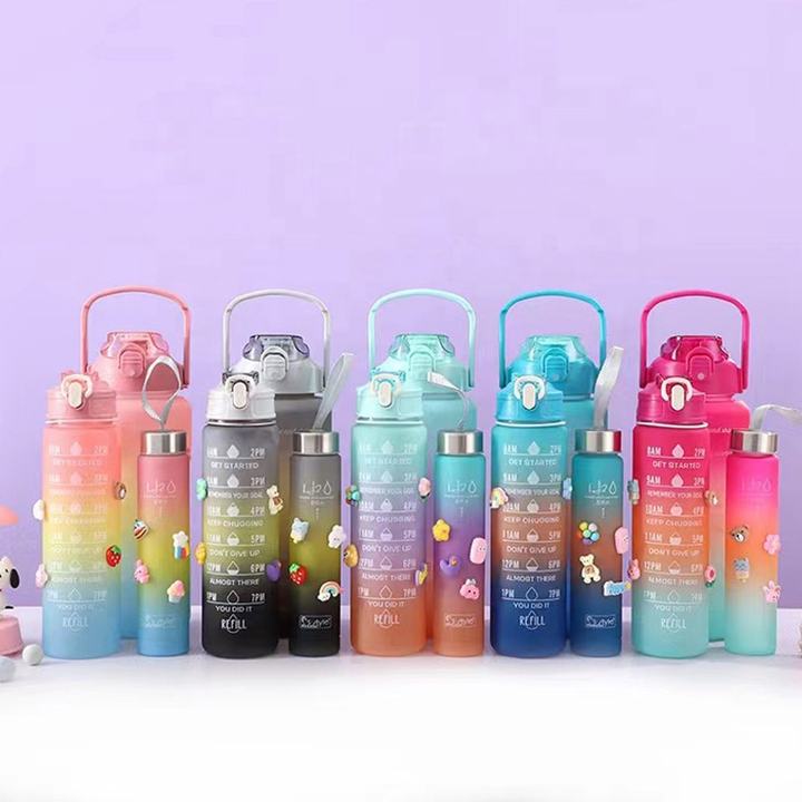 BPA Free 300ml Sports Set Motivational Fitness Plastic Water Bottle with Silicone Lid and Handgrip for Gym & Camping 3 in 1 Global Manufacturing
