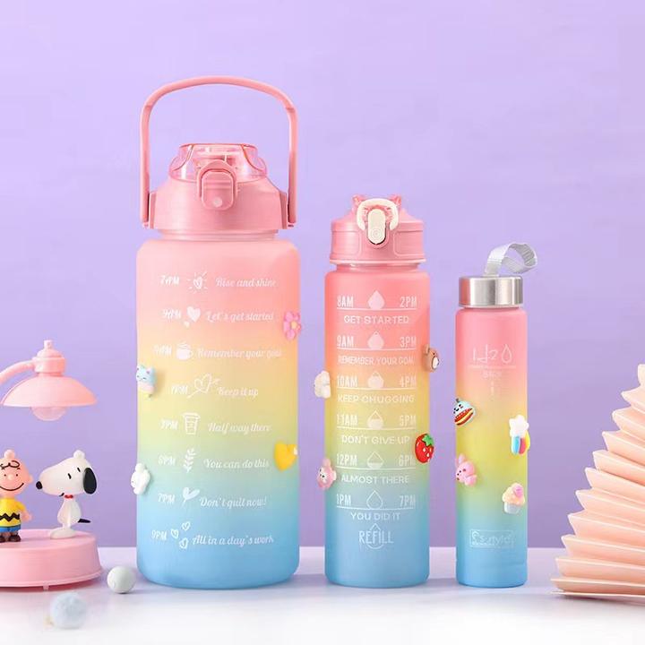 BPA Free 300ml Sports Set Motivational Fitness Plastic Water Bottle with Silicone Lid and Handgrip for Gym & Camping 3 in 1 Global Manufacturing