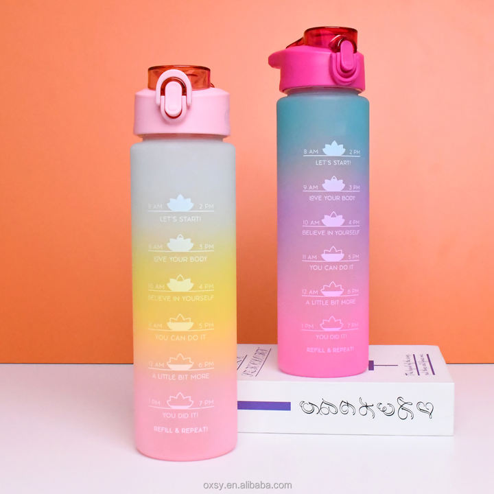 Bpa Free 1000ml Customized color logo plastic sport Gym Motivational water bottles with time marker and silicone straw Custom Manufacturing B2B