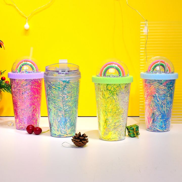 Custom Design Multi-Colors Sparkling Food Grade Cup 480ml/16oz double wall insert plastic tumbler with round lid and straw Factory Pricing Export