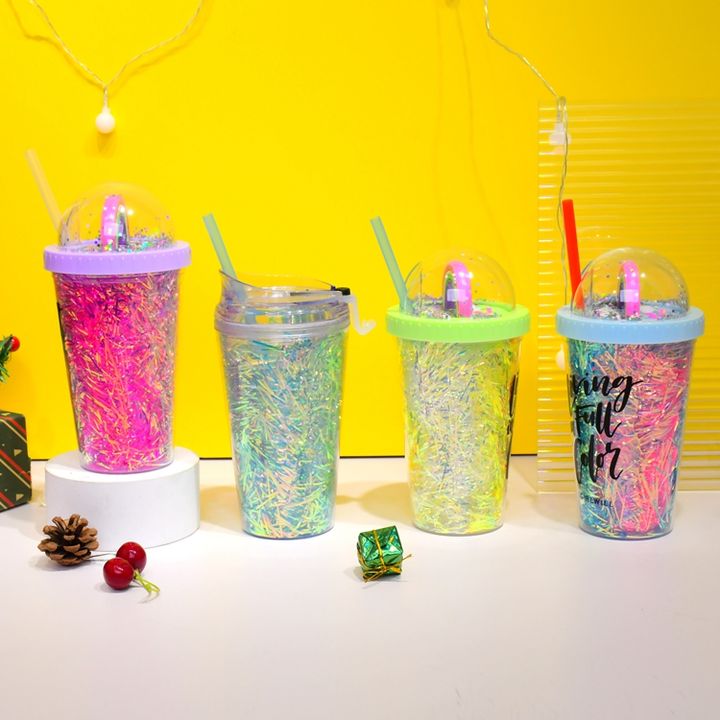 Custom Design Multi-Colors Sparkling Food Grade Cup 480ml/16oz double wall insert plastic tumbler with round lid and straw Factory Pricing Export