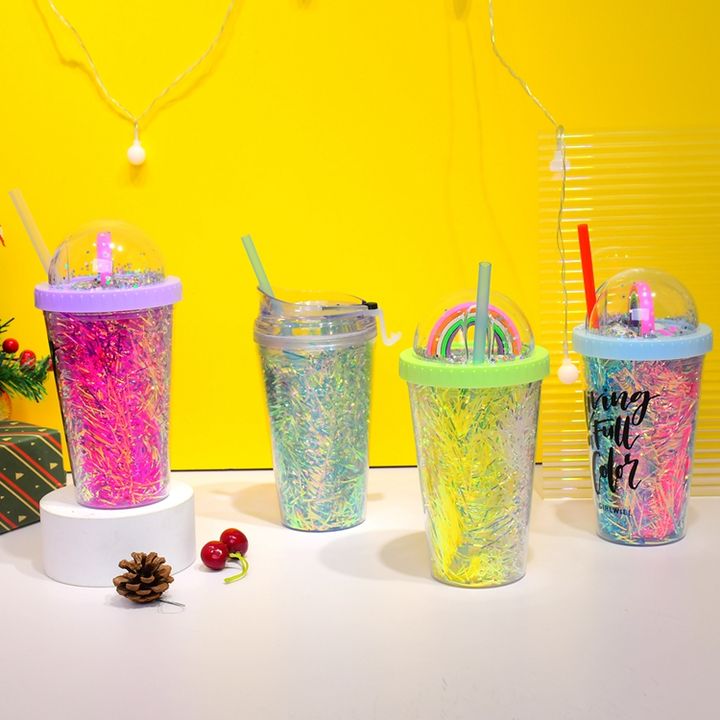 Custom Design Multi-Colors Sparkling Food Grade Cup 480ml/16oz double wall insert plastic tumbler with round lid and straw Factory Pricing Export