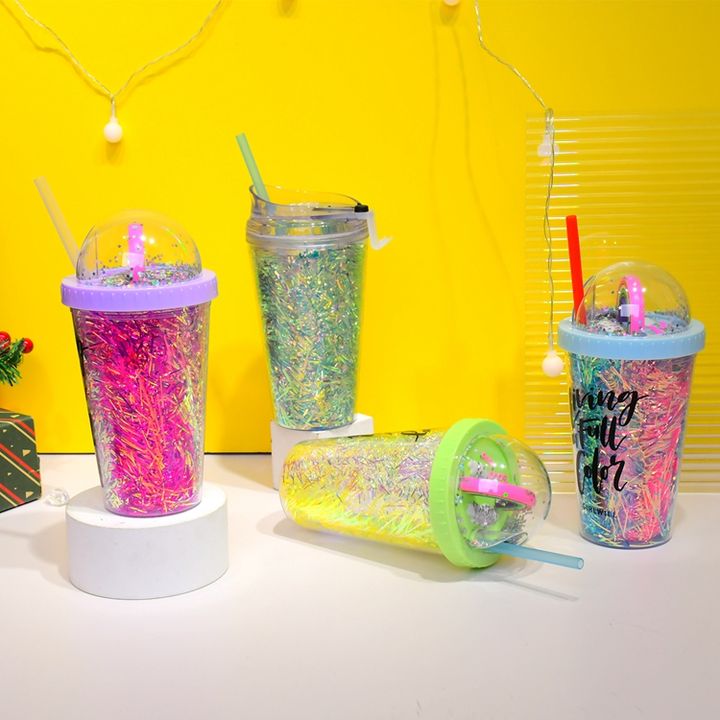 Custom Design Multi-Colors Sparkling Food Grade Cup 480ml/16oz double wall insert plastic tumbler with round lid and straw Factory Pricing Export