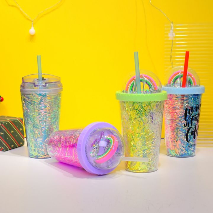 Custom Design Multi-Colors Sparkling Food Grade Cup 480ml/16oz double wall insert plastic tumbler with round lid and straw Factory Pricing Export