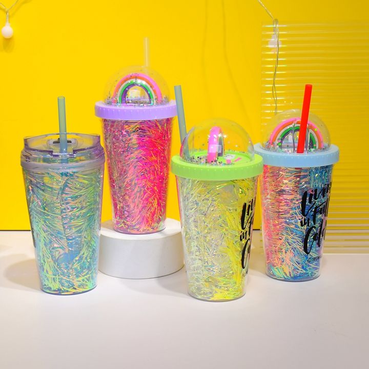 Custom Design Multi-Colors Sparkling Food Grade Cup 480ml/16oz double wall insert plastic tumbler with round lid and straw Factory Pricing Export