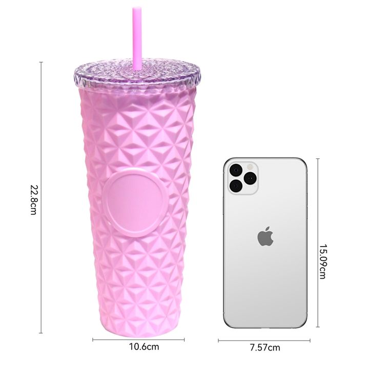 Custom color 24oz/710ml pink Glitter Pineapple travel Cup Bling Plastic Double Wall Studded glitter Tumbler with lid and straw