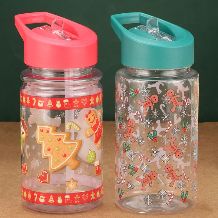 Custom logo 17oz/ 500ml Bpa free cute drinking bottle Christmas gingerbread man Kids Water Bottle with handle and straw lid Custom Manufacturing B2B