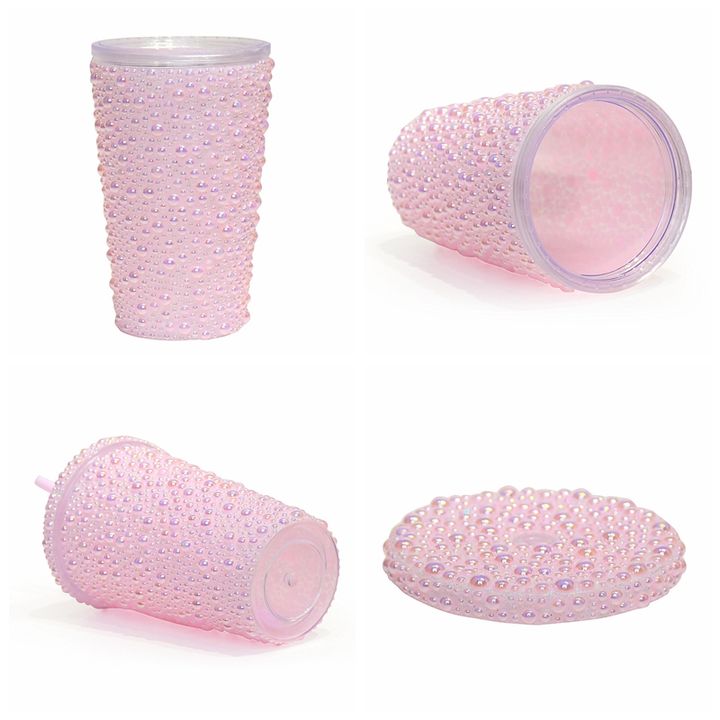 Customizable 450ml/650ml Pink White Double wall plastic tumblers stick the rhinestone Gift cup with straw Factory Authorized Wholesale Export