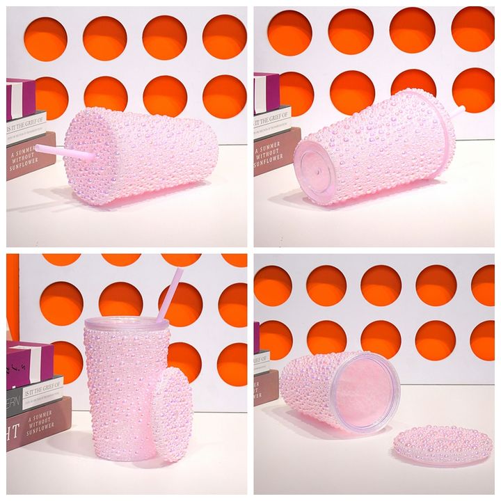 Customizable 450ml/650ml Pink White Double wall plastic tumblers stick the rhinestone Gift cup with straw Factory Authorized Wholesale Export