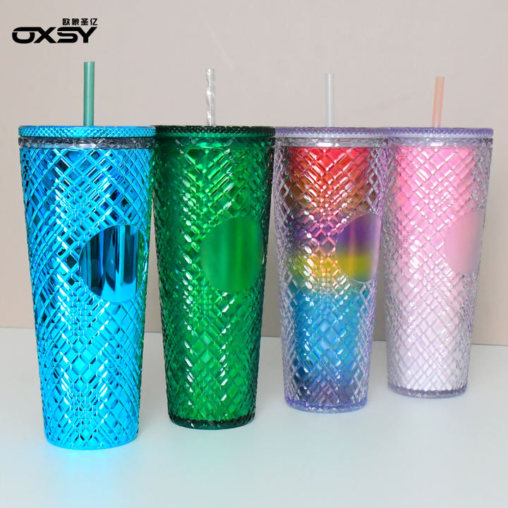 Customizable with Bling or Glitter Double Wall Insulated Reusable Textured Venti Cup 24oz Studded Tumbler with lid and straw Wholesale B2B Pricing