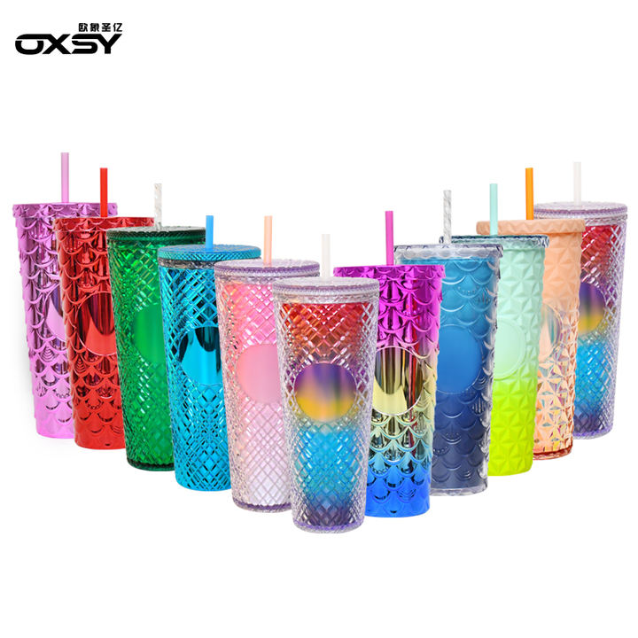 Customizable with Bling or Glitter Double Wall Insulated Reusable Textured Venti Cup 24oz Studded Tumbler with lid and straw Wholesale B2B Pricing