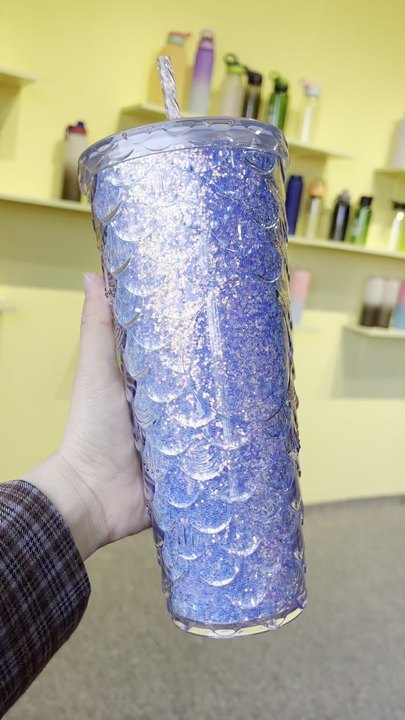 Customized 24oz/750ml Plastic Double layer Bling Fully Mermaid scale Studded Tumbler for Iced Coffee Smoothie.