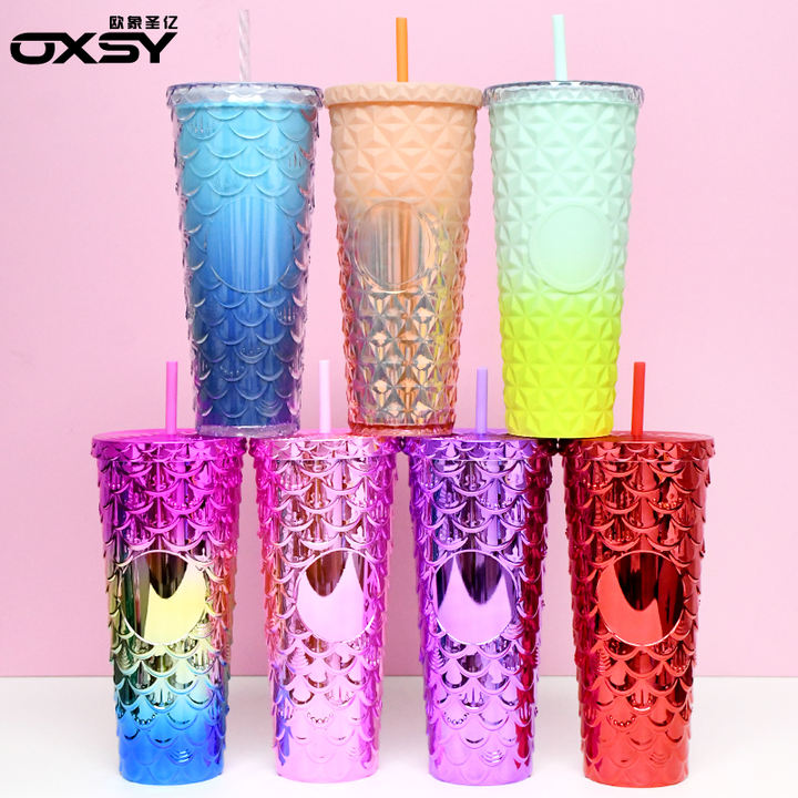 Customized 24oz/750ml Plastic Double layer Bling Fully Mermaid scale Studded Tumbler for Iced Coffee Smoothie.