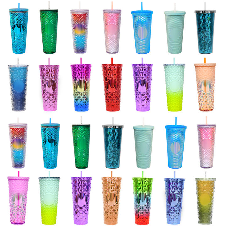 Customized 24oz/750ml Plastic Double layer Bling Fully Mermaid scale Studded Tumbler for Iced Coffee Smoothie.