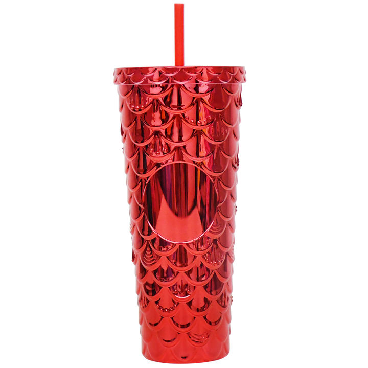 Customized 24oz/750ml Plastic Double layer Bling Fully Mermaid scale Studded Tumbler for Iced Coffee Smoothie.