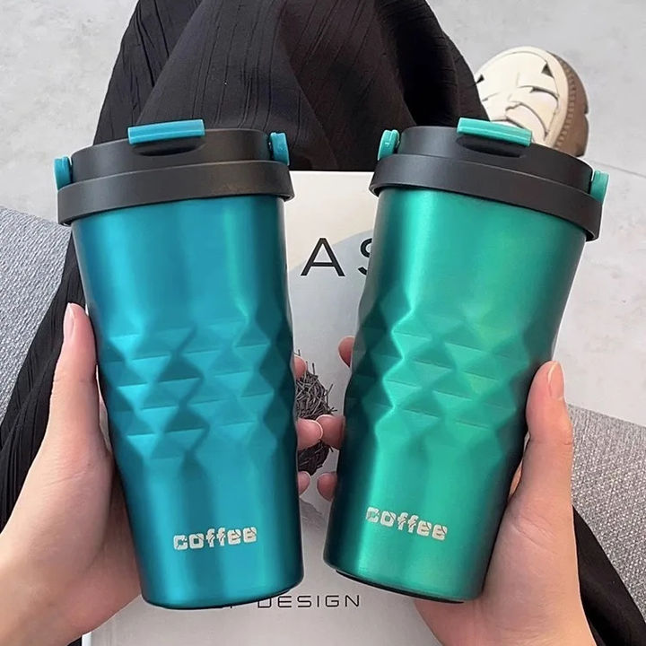 Customized Logo 500ml Double-Wall 304 Stainless Steel Coffee Mug with Handle and Lid Office Gray Festival Gift for Men