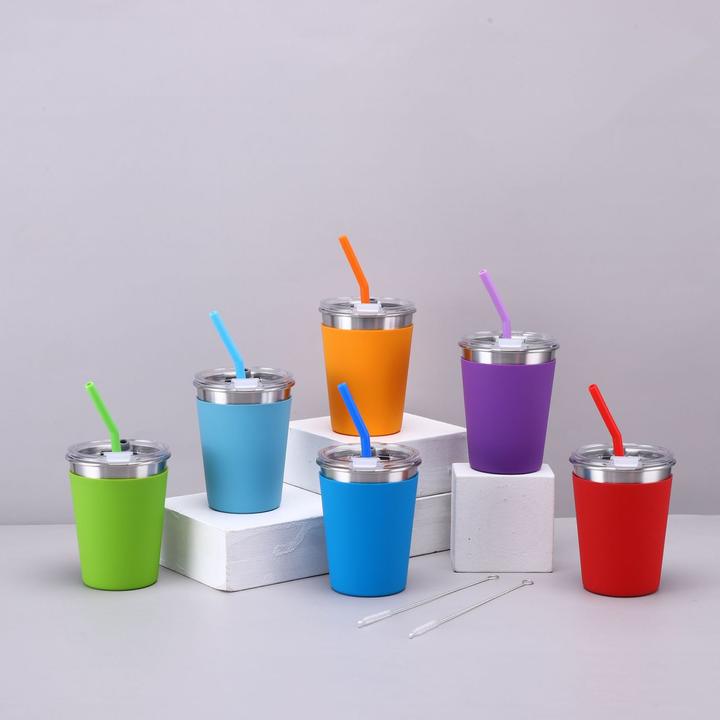 Drinking Tumblers Cups Stainless Steel with Silicone Straw for Kids and Toddlers Kids Custom Logo 12oz Minimalist Mugs BSCI