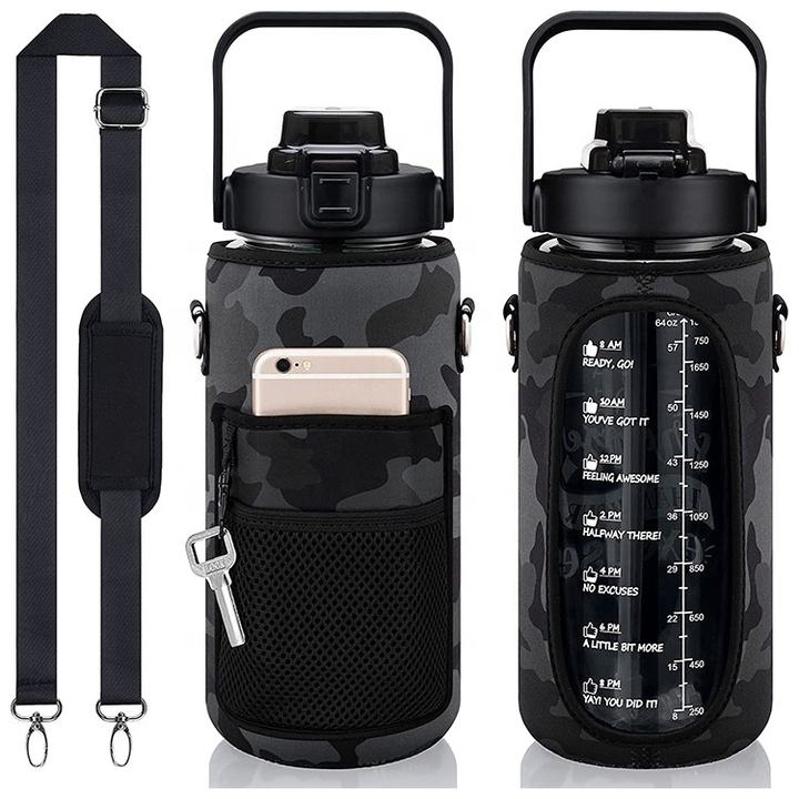Eco-Friendly 64oz BPA-Free Gym PC Water Bottle Motivational Sport Style 2 Liter with Pocket Carrier for Camping Storage Unisex Export Manufacturing Efficiency