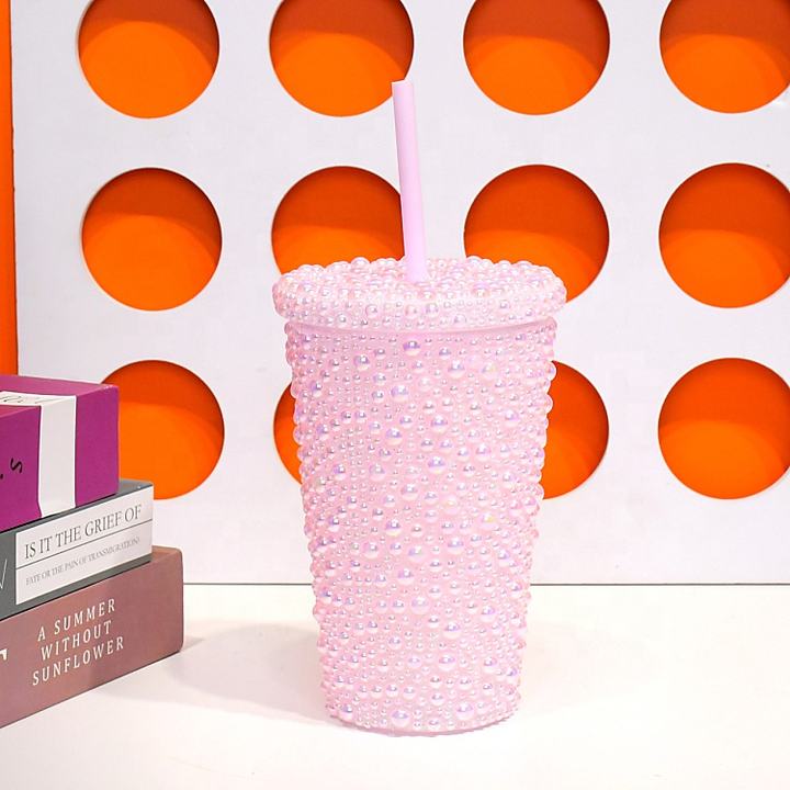 Eco-friendly Custom Reusable 450ml /16oz Full Bling Rhinestone Studded Bling pink Tumbler with straw Wholesale Factory