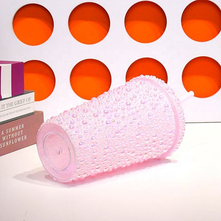 Eco-friendly Custom Reusable 450ml /16oz Full Bling Rhinestone Studded Bling pink Tumbler with straw Wholesale Factory