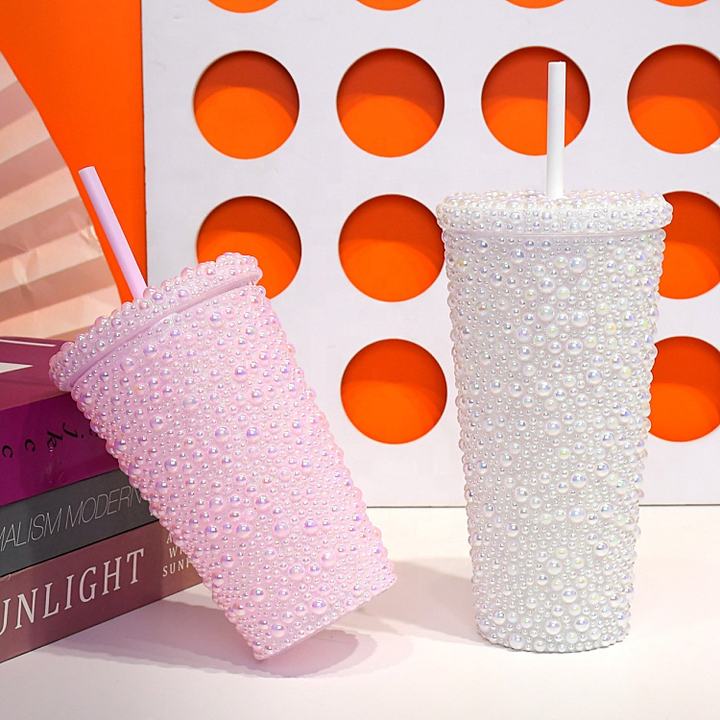 Eco-friendly Custom Reusable 450ml /16oz Full Bling Rhinestone Studded Bling pink Tumbler with straw Wholesale Factory