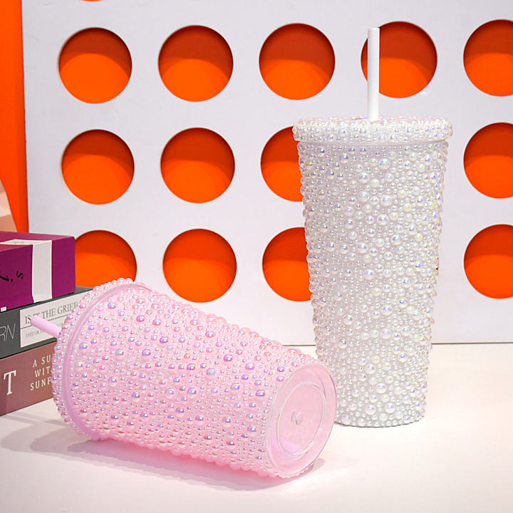 Eco-friendly FDA-Certified Unisex Luxury Glitter Plastic Studs Straw Tumbler Business Gifts Festivals Bling Water Bottles High-Volume Manufacturing Trade