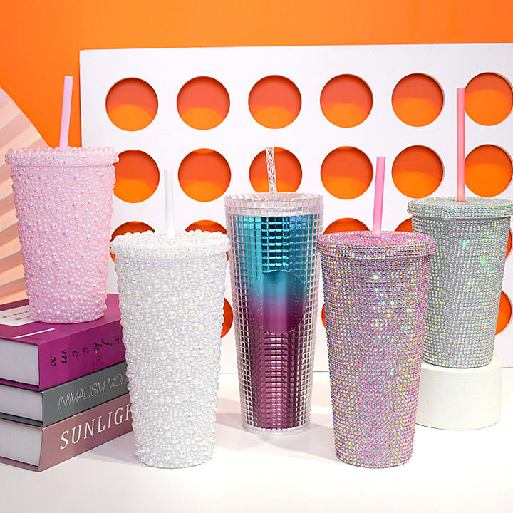 Eco-friendly FDA-Certified Unisex Luxury Glitter Plastic Studs Straw Tumbler Business Gifts Festivals Bling Water Bottles High-Volume Manufacturing Trade