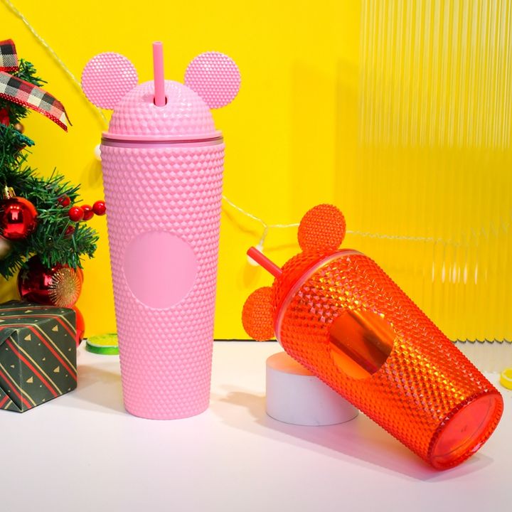 Eco friendly kids plastic gift cup 16oz custom Double Walled Matte Studded Tumbler with cat Ear Shape Lid & Straw Mass Production B2B