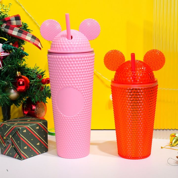 Eco friendly kids plastic gift cup 16oz custom Double Walled Matte Studded Tumbler with cat Ear Shape Lid & Straw Mass Production B2B
