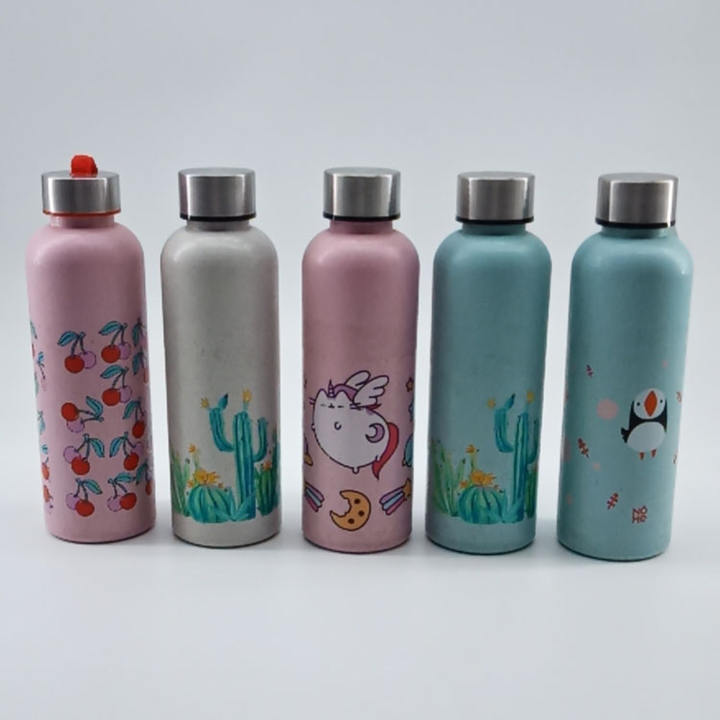 Ecofriendly cartoon style ecofriendly wheat straw water bottle 600ml with stainless steel lid