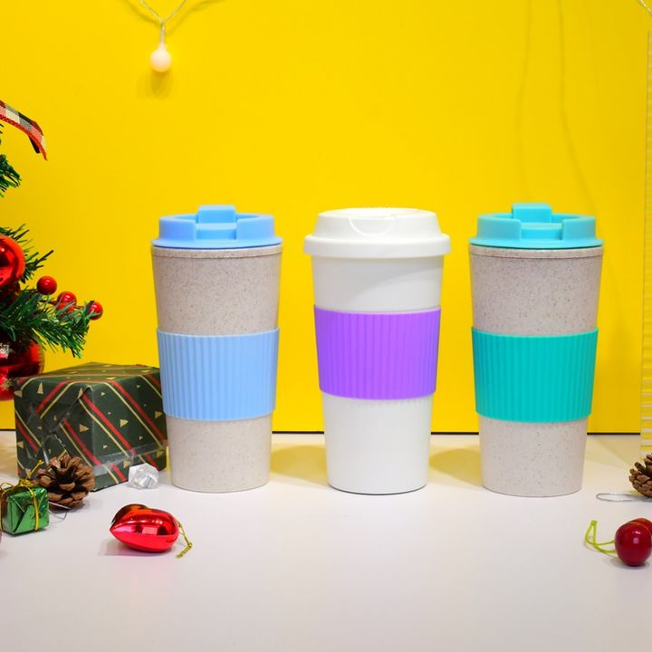 Economical  Custom Design 480ml/16oz wheat straw coffee cup with leakproof Screw lid and Silicone Protective Sleeve Large Order Wholesale Distributor