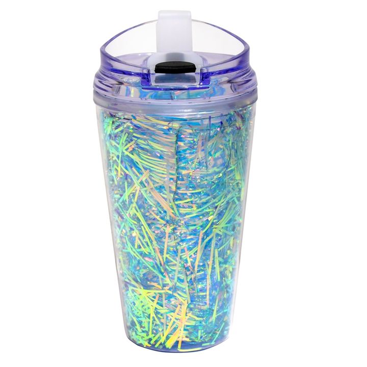 Factory Direct BPA FREE Reusable Sparkling Customizable 480ML/16OZ Bling Double wall Plastic Water cups WITH leakproof Screw lid Custom Manufacturing