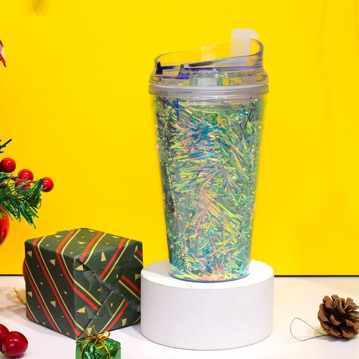 Factory Direct BPA FREE Reusable Sparkling Customizable 480ML/16OZ Bling Double wall Plastic Water cups WITH leakproof Screw lid Custom Manufacturing