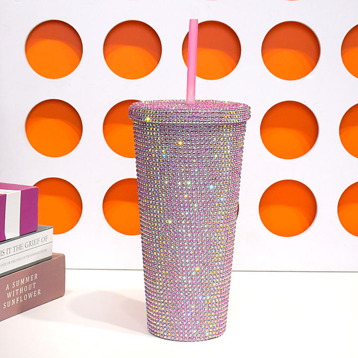 Factory Hot sale custom Girls gift Diamond straw water bottle double wall plastic Bling Rhinestones glitter Tumbler coffee cup ODM Manufacturing Efficiency