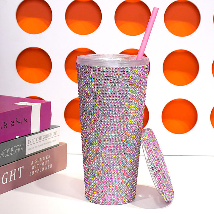 Factory Hot sale custom Girls gift Diamond straw water bottle double wall plastic Bling Rhinestones glitter Tumbler coffee cup ODM Manufacturing Efficiency