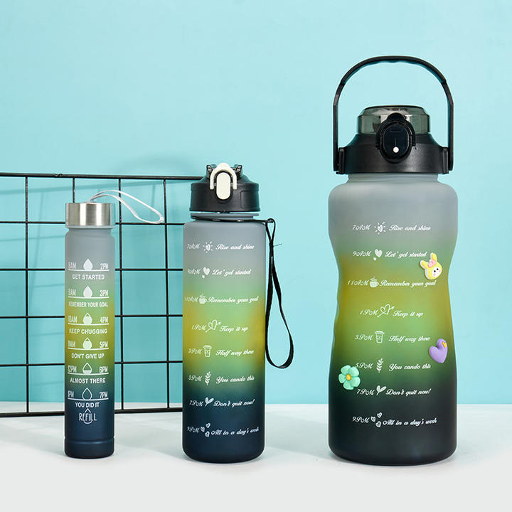 Factory customizable Gradient Color Bpa Free Camping Gym Plastic 3 in 1 motivational sport water bottle Set with time marker Industrial Wholesale Custom Solutions